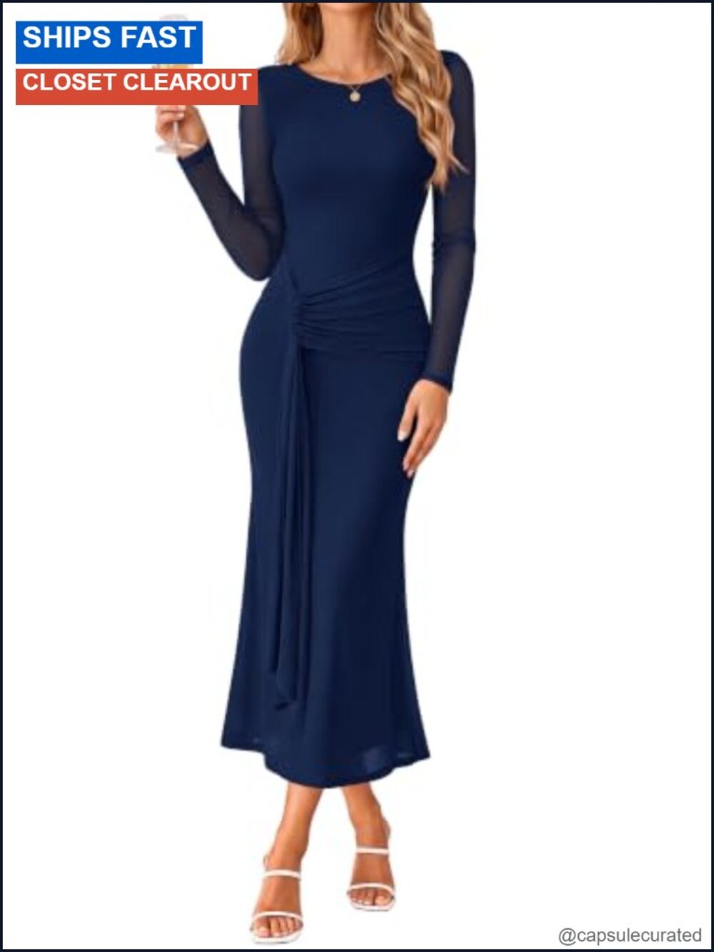 Women's Long Sleeve Bodycon Ruched Mesh Maxi Dress